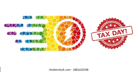 Electrical rush collage icon of filled circle dots in variable sizes and LGBT multicolored color tints, and Tax Day Exclamation scratched rosette seal print. A dotted LGBT-colored Electrical rush for