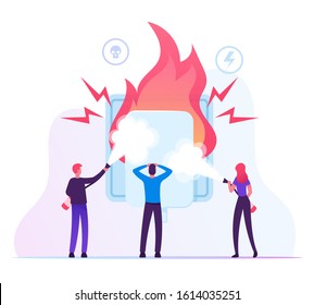 Electrical Safety Concept. People with Extinguishers Put Out Electric Wiring of Socket on Fire. Plug Outlet Shock Power. Short Circuit Overload Electrical Connection. Cartoon Flat Vector Illustration