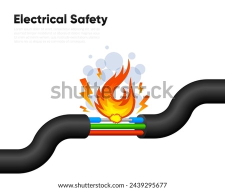 Electrical Safety concept. Wire is burning. Fire wiring. Faulty damaged cable. Fire from cable. Short circuit electrical circuit. Vector illustration.