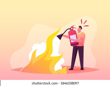 Electrical Safety Firefighter Fight with Blaze Concept. Male Character with Extinguisher Put Out Fire with Foam. Short Circuit, Overload Electrical Connection, Flame. Cartoon Vector Illustration