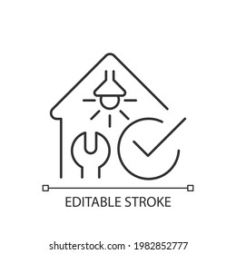 Electrical safety inspection linear icon. Examination for electrical wiring damage. Thin line customizable illustration. Contour symbol. Vector isolated outline drawing. Editable stroke