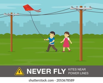 Electrical safety rule. Two kids playing near power lines. Never fly kites close to power lines warning design. Flat vector illustration template.