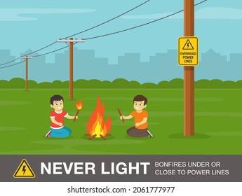 Electrical Safety Rule. Two Kids Playing With Fire Near Power Lines. Never Light Bonfires Under Or Close To Power Lines Warning Design. Flat Vector Illustration Template.