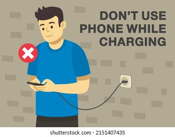 Electrical safety rules and tips. Don't use phone while charging. Young male character looking at mobile phone. Flat vector illustration template.