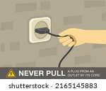 Electrical safety rules and tips. Never pull a plug from an outlet by its cord. Close-up view of socket. Flat vector illustration template.