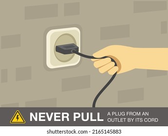 Electrical safety rules and tips. Never pull a plug from an outlet by its cord. Close-up view of socket. Flat vector illustration template.