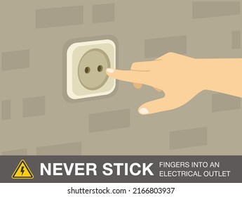 Normas y consejos de seguridad eléctrica. Nunca ponga dedos en una toma eléctrica. Mantente a salvo con la electricidad. Plantilla de ilustración vectorial plana.