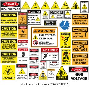 Electrical safety sign. High voltage, electric fence, do not touch, keep away, hazardous restricted area, keep out, live wires, do not enter, shock burn.