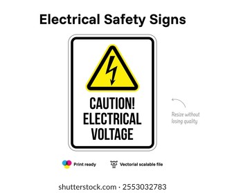 Elektrische Sicherheitszeichen. Vorsicht. Elektrische Spannung. Datei mit vektorieller Qualität, die elektrische Gefahren und Sicherheit oder Vorsorge anzeigt.