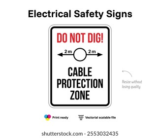 Elektrische Sicherheitszeichen. Nicht graben. Kabelschutzzone. Datei mit vektorieller Qualität, die elektrische Gefahren und Sicherheit oder Vorsorge anzeigt.