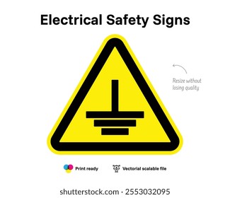 Elektrische Sicherheitszeichen. Gelbes Schild mit geschliffenem Dreieck. Datei mit vektorieller Qualität, die elektrische Gefahren und Sicherheit oder Vorsorge anzeigt.