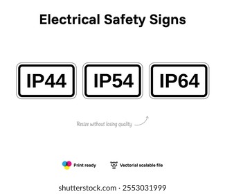 Elektrische Sicherheitszeichen. Internationales Schutzzeichen IP. Datei mit vektorieller Qualität, die elektrische Gefahren und Sicherheit oder Vorsorge anzeigt.