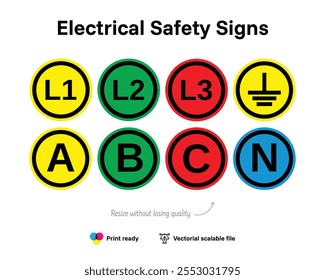 Elektrische Sicherheitszeichen. Phasenmarkierung. Datei mit vektorieller Qualität, die elektrische Gefahren und Sicherheit oder Vorsorge anzeigt.