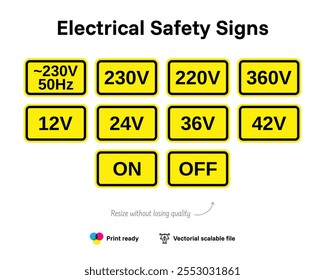 Elektrische Sicherheitszeichen. Spannungsanzeige. Datei mit vektorieller Qualität, die elektrische Gefahren und Sicherheit oder Vorsorge anzeigt.