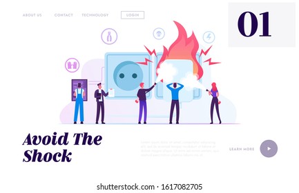 Electrical Safety Website Landing Page. Electrician Worker Wearing Robe and Protective Gloves Checking Plug Outlet Shock Power, People Put Out Fire Web Page Banner. Cartoon Flat Vector Illustration