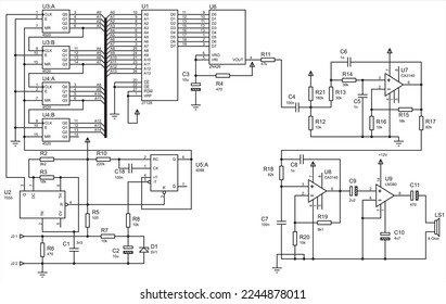 Diagrama esquemático eléctrico de un diagrama digital
dispositivo electrónico (timbre de puerta),
que reproduce un sonido programado en el EPROM cuando se pulsa el timbre.
Dibujo de vectores con amplificador operativo.