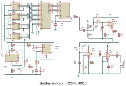 Schaltplan eines digitalen Schaltplans
elektronisches Gerät (Türklingel),
, das beim Drücken der Glocke einen auf das EPROM programmierten Ton abspielt.
Vektorzeichnung mit Operationsverstärker.