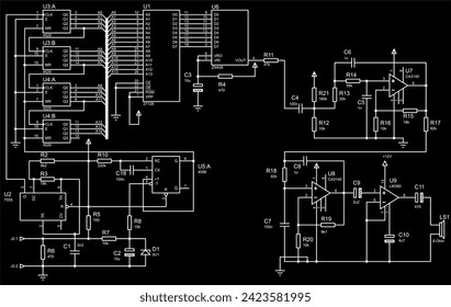 Electrical schematic diagram of digital
electronic device (doorbell),
which plays sound programmed in to EPROM when bell push is pressed.
Vector drawing with operational amplifier, integrated circuit.