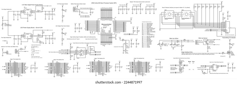 The electrical schematic diagram of a digital-analog
information processing and output device operating under 
the control of a microcontroller.
Vector drawing of printed circuit board conductors.