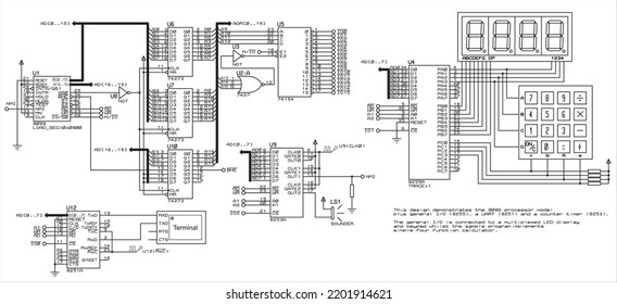 Electrical schematic diagram of the integer
calculator based on the 8086 microcontroller. Displaying
the pressed keyboard keys and the results
of mathematical operations on the seven-segment display.