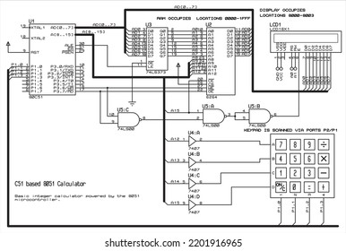 Electrical schematic diagram of the integer
calculator based on the 8051 microcontroller. Displaying
the pressed keyboard keys and the results
of mathematical operations on the alphanumeric display.
