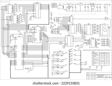 Diagrama esquemático eléctrico. Dibujo grande del vector sobre blanco 
papel de un circuito eléctrico complejo de un dispositivo electrónico.
Proyecto de graduación. Régimen 1.