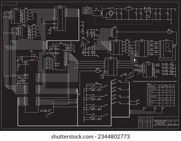 Diagrama esquemático eléctrico. Dibujo vectorial grande sobre un fondo negro de un circuito eléctrico complejo de un dispositivo electrónico. Proyecto de graduación. Régimen 1.