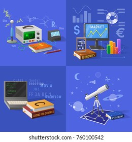 Electrical scheme connected with wires, screen with graphic of success on market, open laptop and modern telescope vector illustrations.