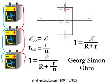 Electrical scheme of the parallel connection of the current source, physical formulas for calculating the parameters of the battery.