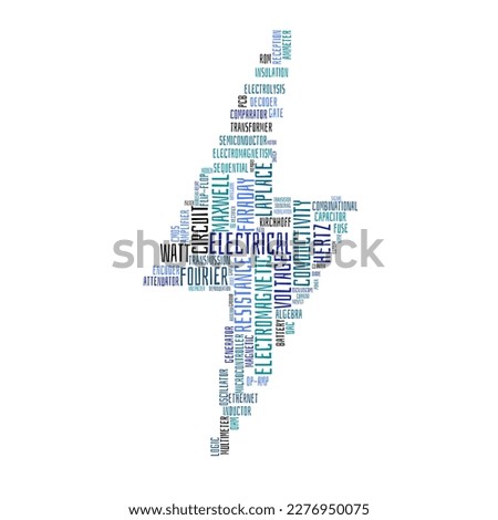 Electrical science word cloud concept. Typography design text block. Composition of words for electrical sciences relevancy. Blue navy and teal. Lightning bolt flash shape created from the text.