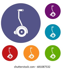 Electrical self balancing scooter icons set in flat circle red, blue and green color for web