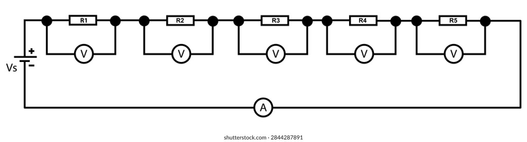 Electrical Series Circuit Schematic With Voltmeter and Ammeter Showing Five Resistors and Voltage Source