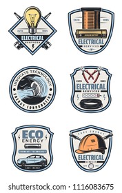 Electrical service and electricity supply badge with retro equipment. Energy cable, light bulb and pliers, plug, battery and screwdriver, hard hat, hydro power station and eco car vintage icon design