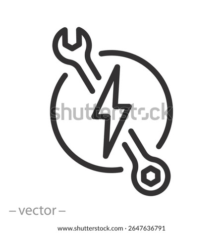 electrical service icon, wrench with lightning bolt, electric help, repair, thin line symbol on white background - editable stroke vector illustration eps 10