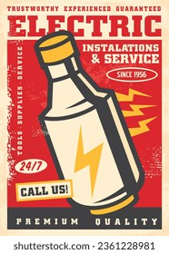 Electrical service and maintenance retro poster or advertisement design template. Vector flyer idea for electrician services. Vintage graphic with old ceramic fuse on red background. 