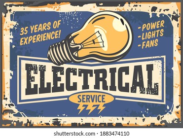 Electrical service and maintenance retro sign with yellow light bulb. Electrical power and energy poster concept. Vector template.