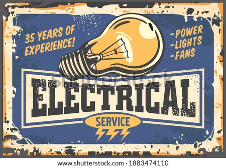 Electrical service and maintenance retro sign with yellow light bulb. Electrical power and energy poster concept. Vector template.