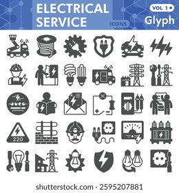 Electrical service symbols collection or sketches, electricity theme bar in glyph style signs for web and app. Vector graphics isolated on white background