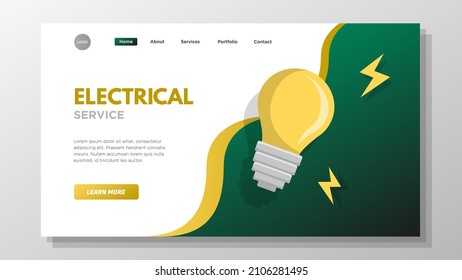 Plantilla de página web de servicio eléctrico, concepto de página web de handyman, instalación de electricidad en segundo plano, bombilla con iconos de pernos página de aterrizaje abstracta, página web móvil, aislado.