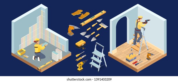 Servicios eléctricos. El generador de uniforme sostiene una pieza. Concepto de reparaciones interiores isométricas. Electricista colorido y herramientas de inclinación. Icono de trabajo, equipo y artículos isométricos. Ilustración vectorial 3d.