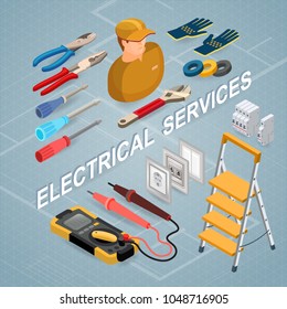 Electrical services. Isometric interior repairs concept. Electricity elements with electrician and professional electrical tools. Worker, equipment and items isometric icon. Vector flat  illustration.