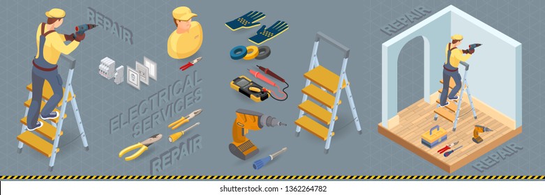 Electrical services. Isometric interior repairs concept. Colorful electricity elements with electrician and professional tools. Worker, equipment and items isometric icon. Vector flat 3d illustration.