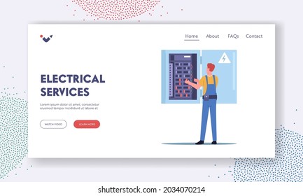 Plantilla de la página de aterrizaje de servicios eléctricos. Fuego, energía y seguridad eléctrica. Caracteres electromagnéticos Examinar el borrador de trabajo o medir el voltaje en el tablero de mandos. Reparación en casa. Ilustración del vector de dibujos animados
