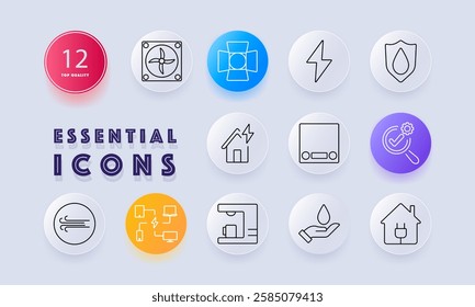 Electrical set icon. Fan, studio light, lightning, protection, power supply, electricity, ventilation, automation, energy efficiency, home automation, smart devices, water
