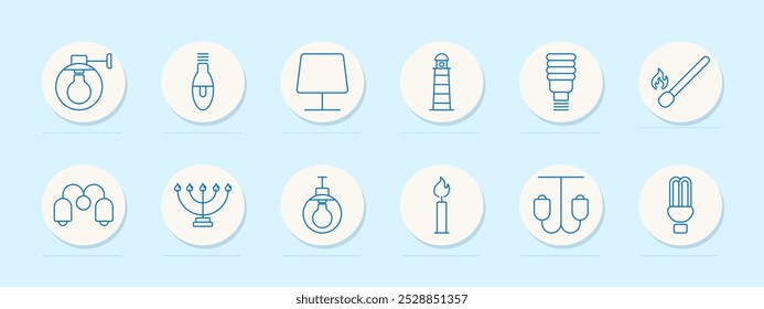 Elektrisches Set-Symbol. Glühbirne, Kronleuchter, Tischlampe, Leuchtturm, energiesparend, Streichholz, Wandlampe, Menorah, Kerze, Hängeleuchte, Kronleuchter, Beleuchtung, Beleuchtung, Energie, Strom, Dekor