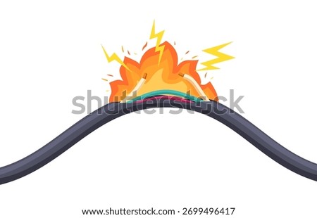 Electrical short circuit background. Burning uninsulated cable, household office power grid failure. Damaged wire with fire flame, sapid vector element