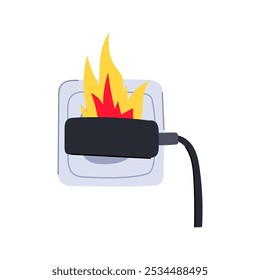 desenho animado de fogo de curto-circuito elétrico. prevenção de segurança, sobrecarga de risco, faíscas de isolamento sinal de fogo de curto-circuito elétrico.