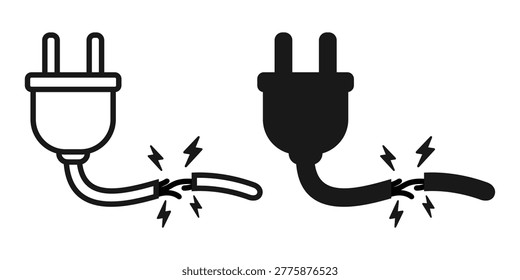 Electrical Short Circuit Icon with Lightning Spark and Cable. Power Damage Symbol. Vector Illustration