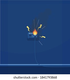 Electrical short circuit semi flat RGB color vector illustration. Electrical equipment. Faulty wiring. Electricity and fire protection isolated cartoon object on dark blue background