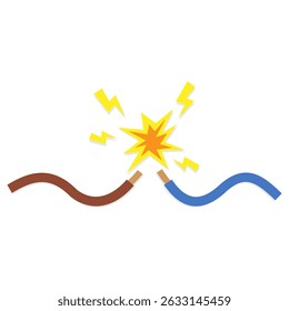 Cortocircuito eléctrico. Ilustración vectorial con dos alambres expuestos que chispean al contacto